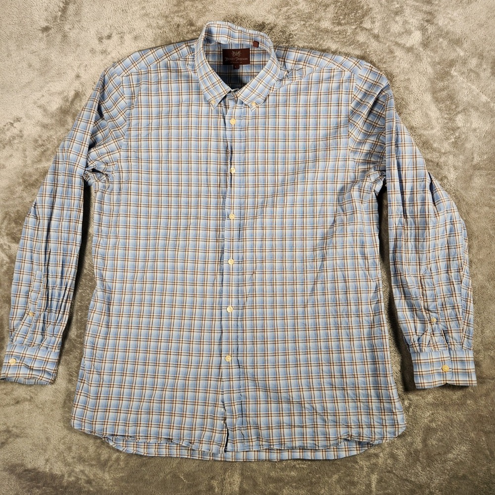 Hickey Freeman Button Down Shirt Mens Large Blue‎ Brown Excellent Plaid Cotton